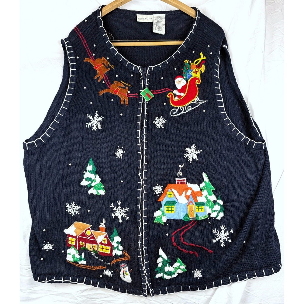 Christmas Sweater Vest Plus 22W 24W Blue Beaded Patchwork Wrap Around Design